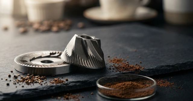 Muelas planas y cónicas para espresso mostrando geometría de corte y partículas